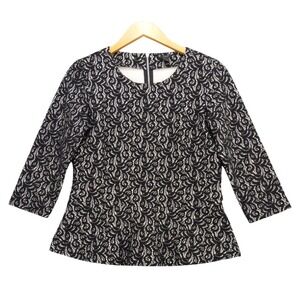 J Crew Black Lace Peplum Top 3/4‎ Sleeve Zipper Back Women's Size S